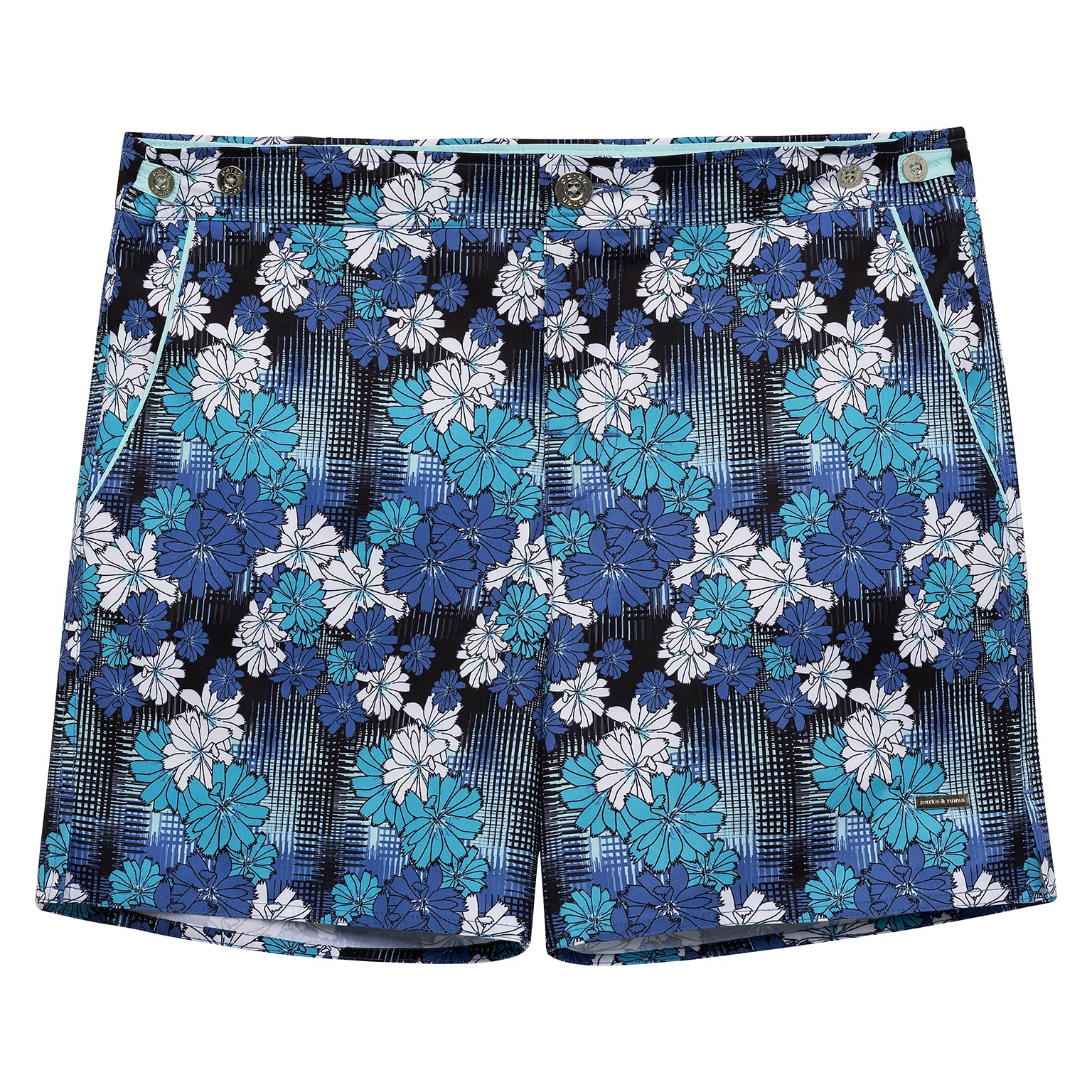 SAVE 70%- Blue Dahlias Print 6" Catalonia Stretch - parke & ronen