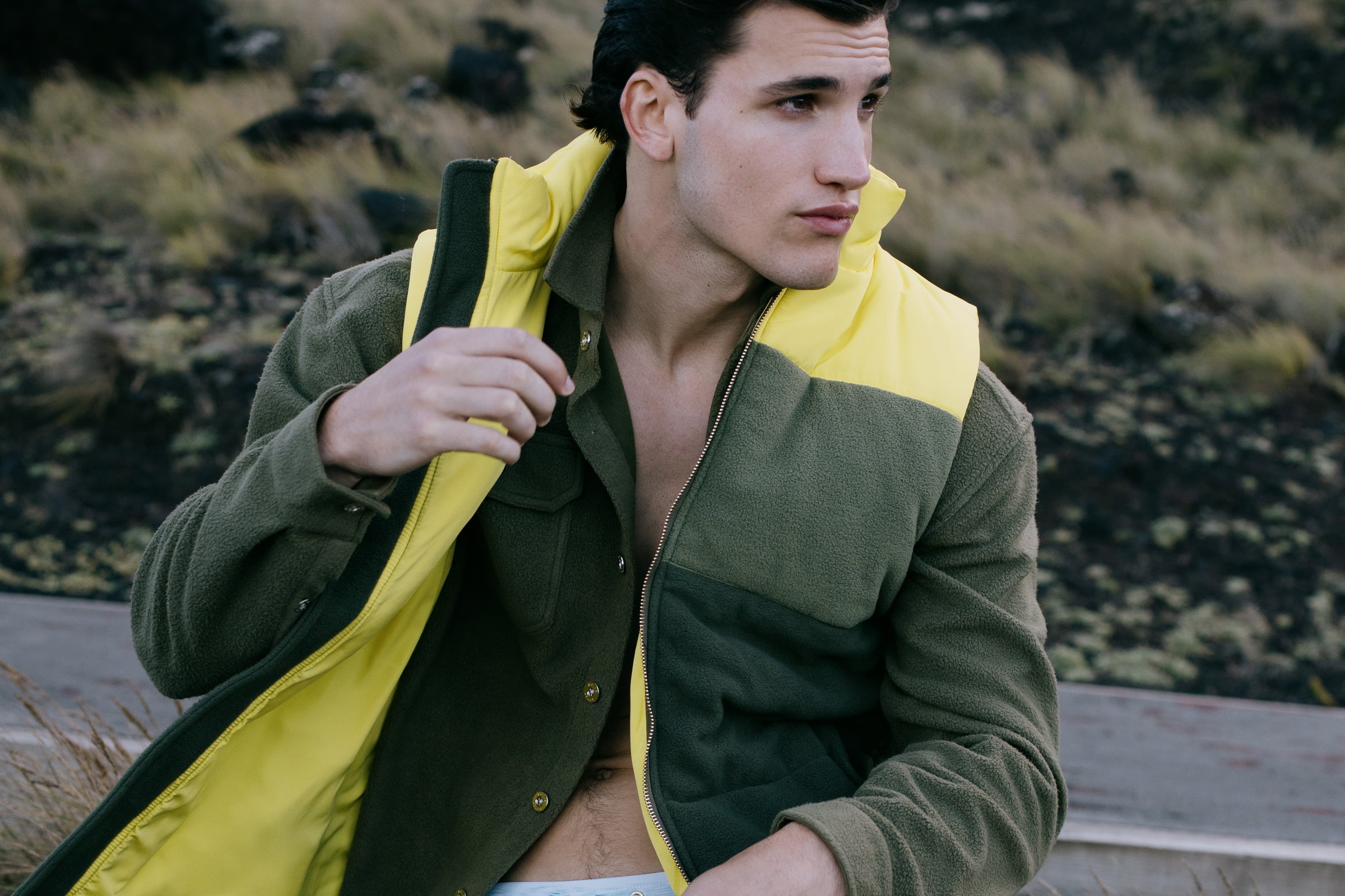 Parke & Ronen FW23.  Male Model wears Citron Satin and Fleece Vest