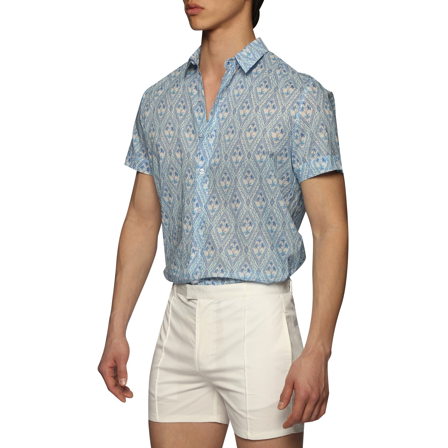 SAVE 70%- Blue Noto Palms Print Biscayne Shirt - parke & ronen