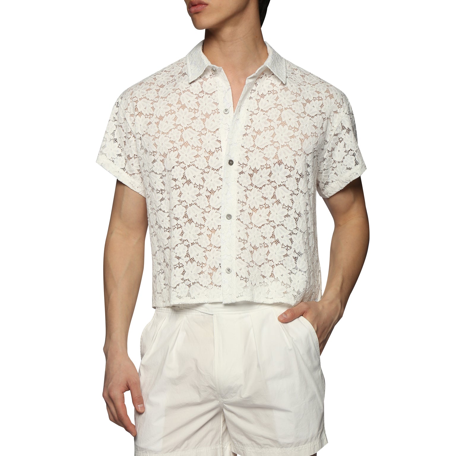 SPRING '24- White San Marco Stretch Lace Crop Shirt
