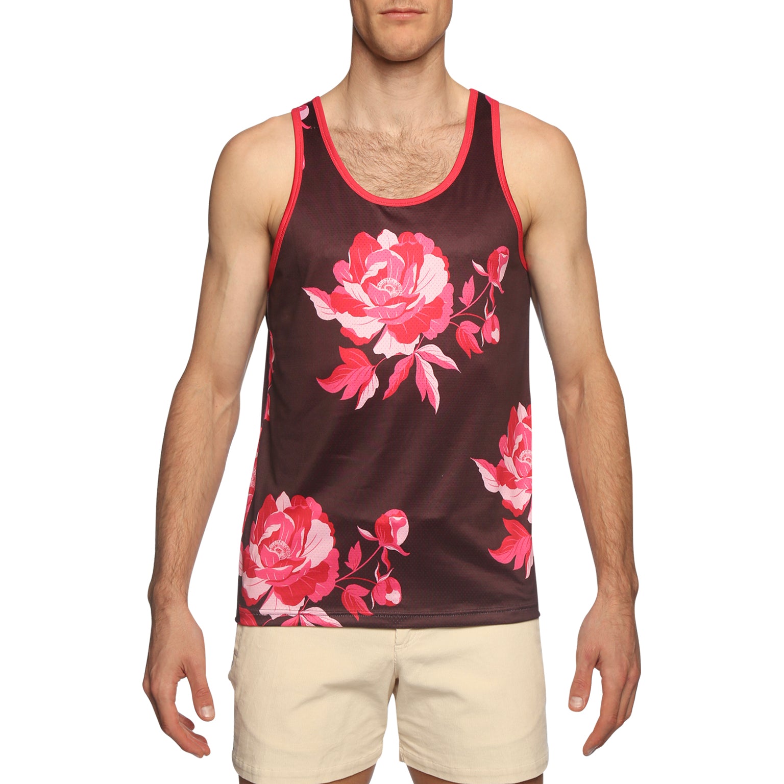 Vamp Red Peonies Print Mesh Tank Top