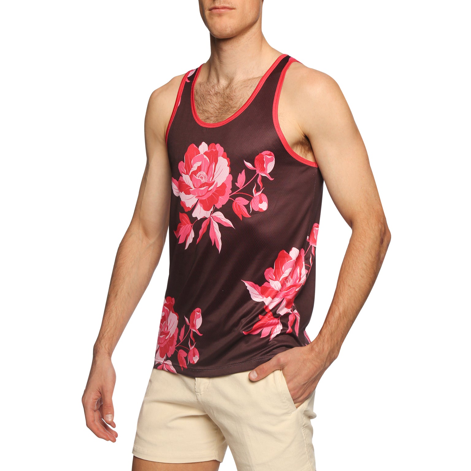 Vamp Red Peonies Print Mesh Tank Top