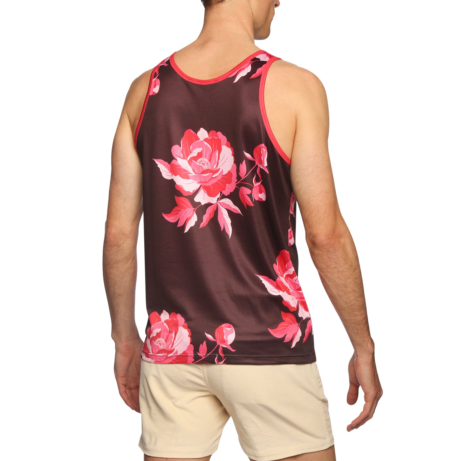 Vamp Red Peonies Print Mesh Tank Top