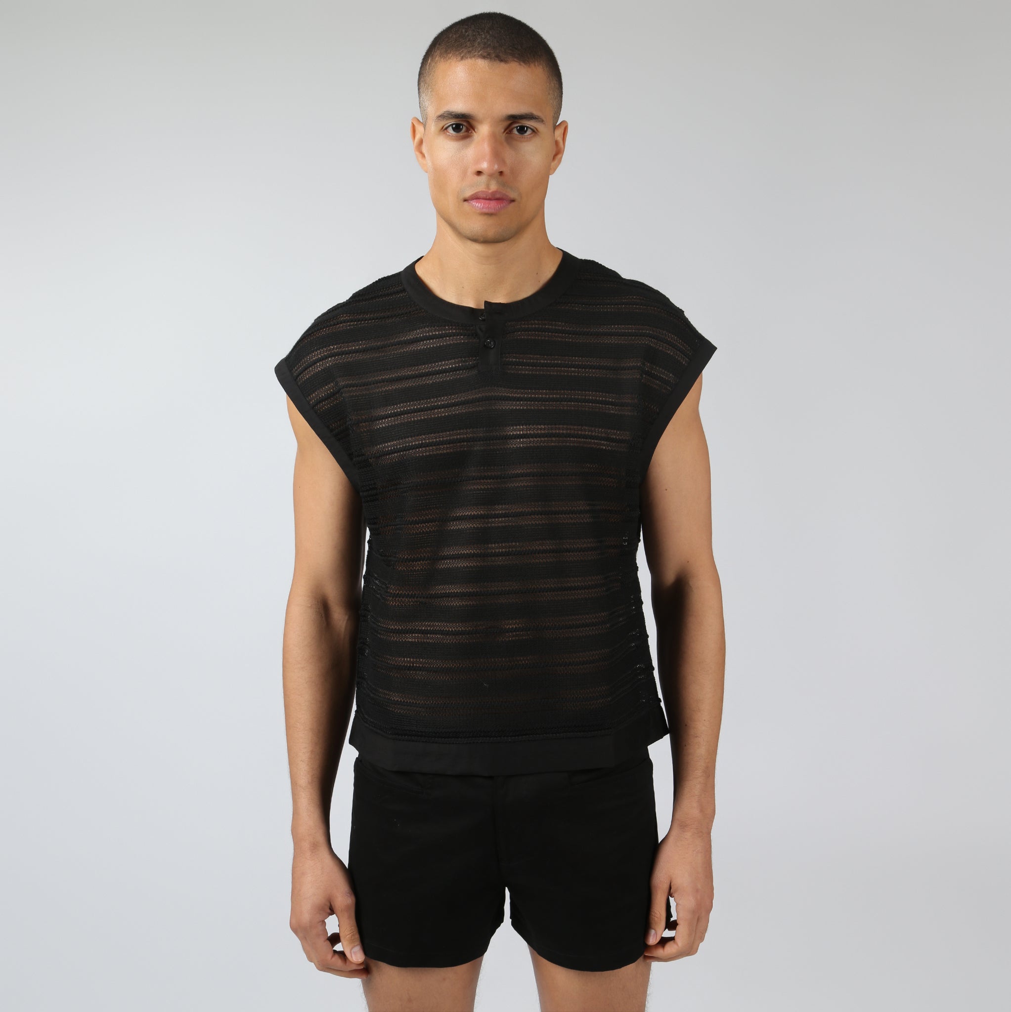 NEW- Black Sundown Knit Sleeveless Henley