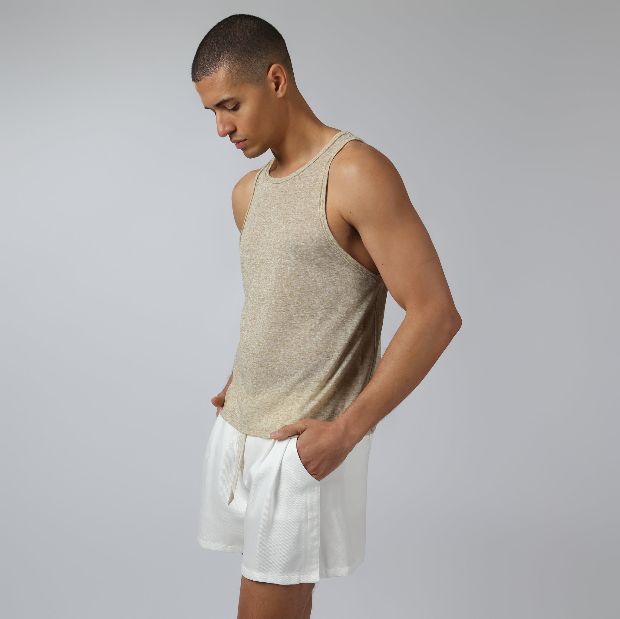 NEW- Sand Driftstone Linen Muscle Tee