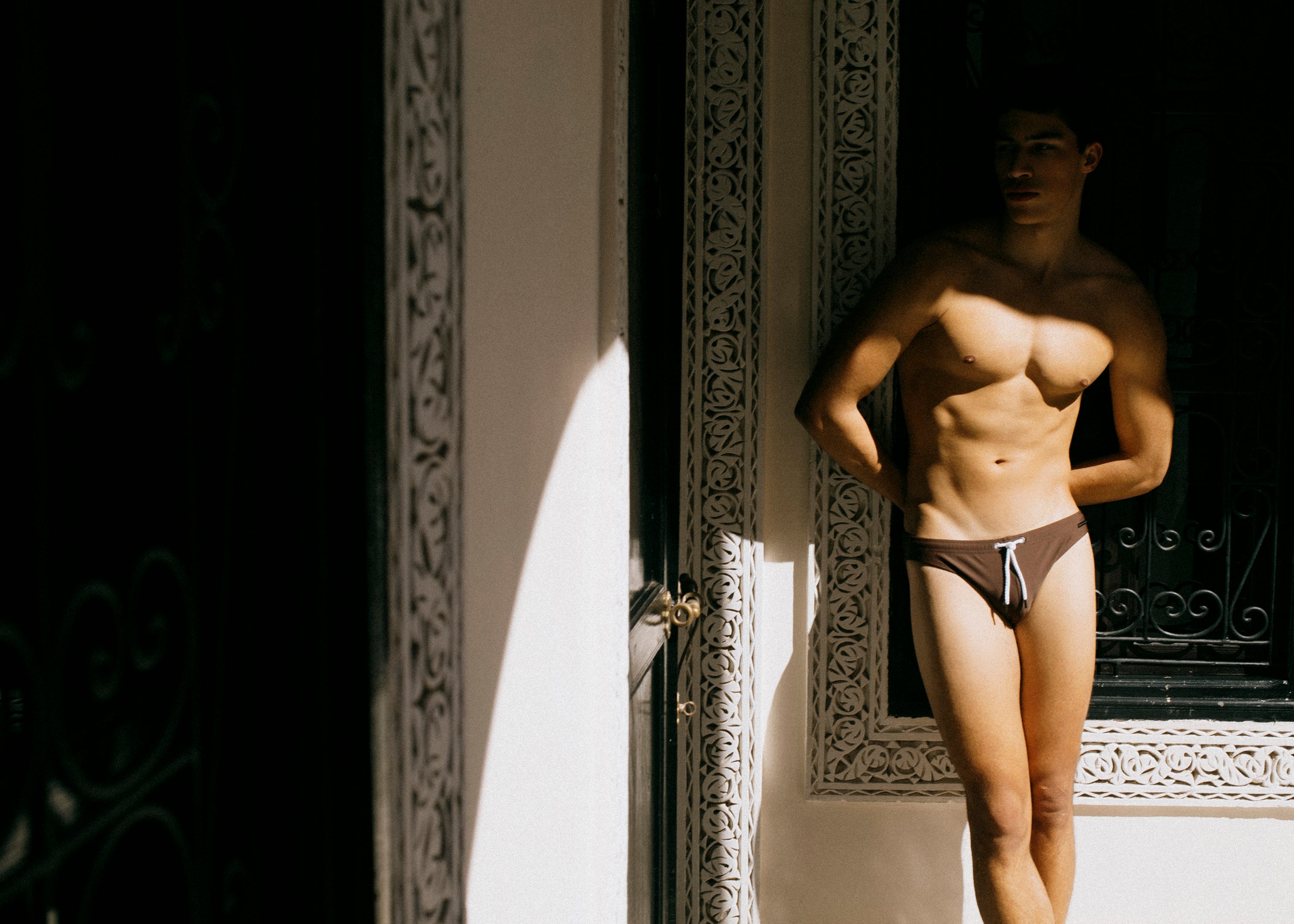 Male model wears Espresso Solid Parke & Ronen Blade swim brief mens swimsuit.