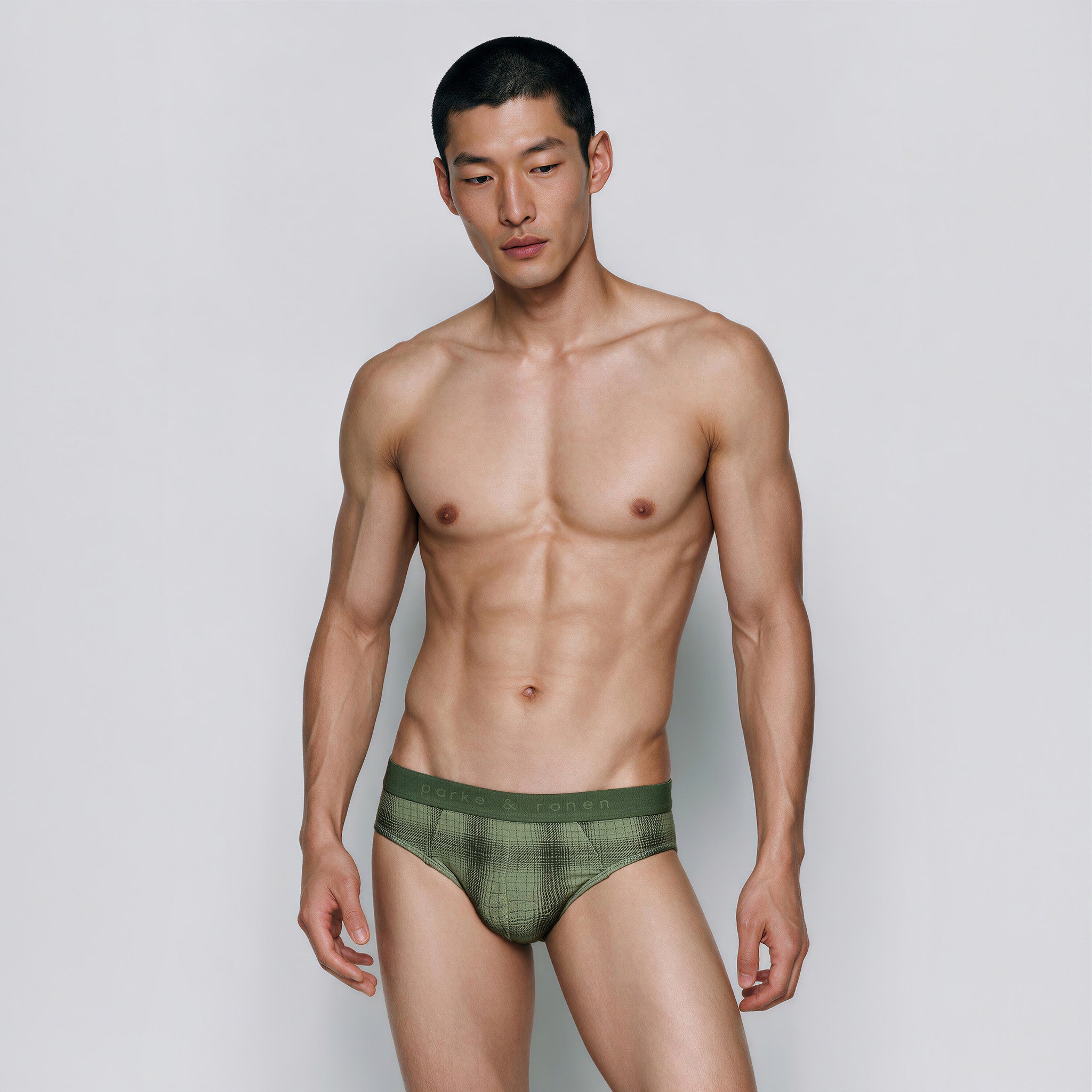 PR Design Co. Inc. Juniper Harris check printed low rise brief underwear in close-up view