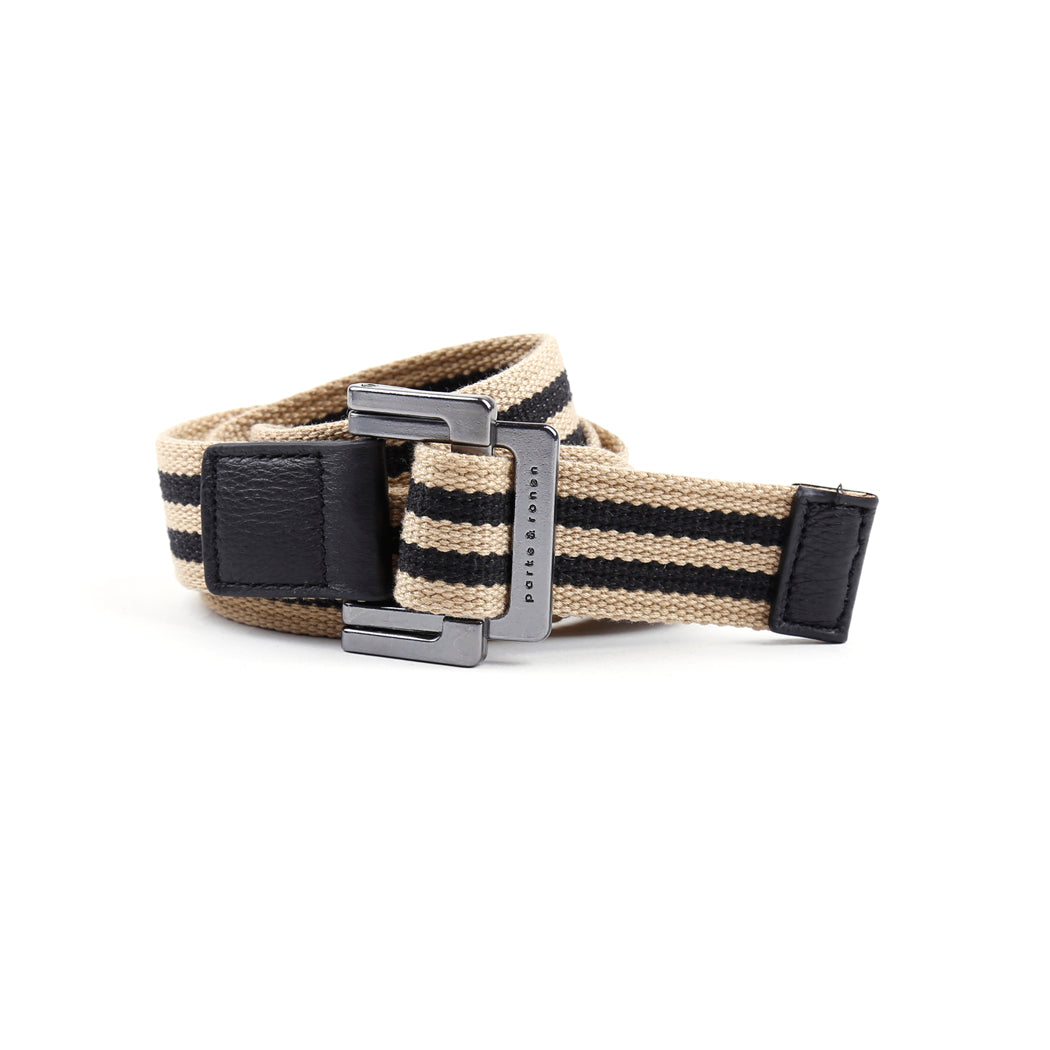 Beige/Black Double Stripe Battalion D-Ring Belt - parke & ronen