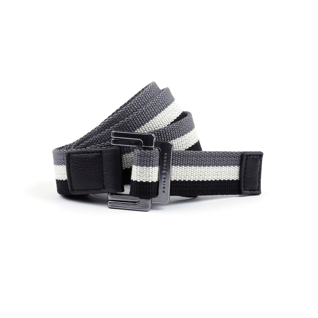 Black/White/Charcoal Triple Stripe Battalion D-Ring Belt - parke & ronen