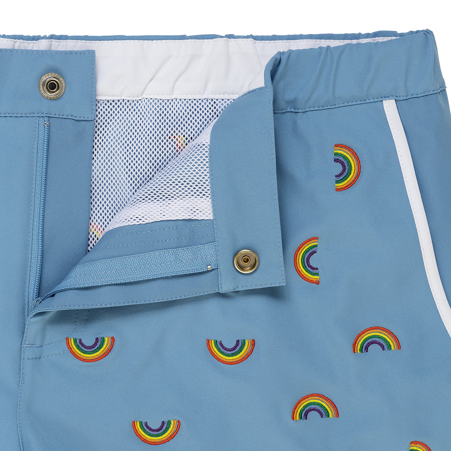 SAVE 70%- Embroidered Rainbow Powder Blue 2" Angeleno Swim Trunk